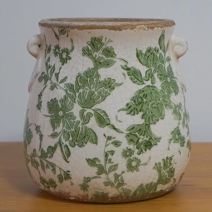 Vintage Green and White Ceramic Floral Vase Planter, Rustic Crackle Glaze Pottery Jar, Hand-Painted Floral Pot Design for Flowers or Plants, Farmhouse & Cottage Home Decor Accent