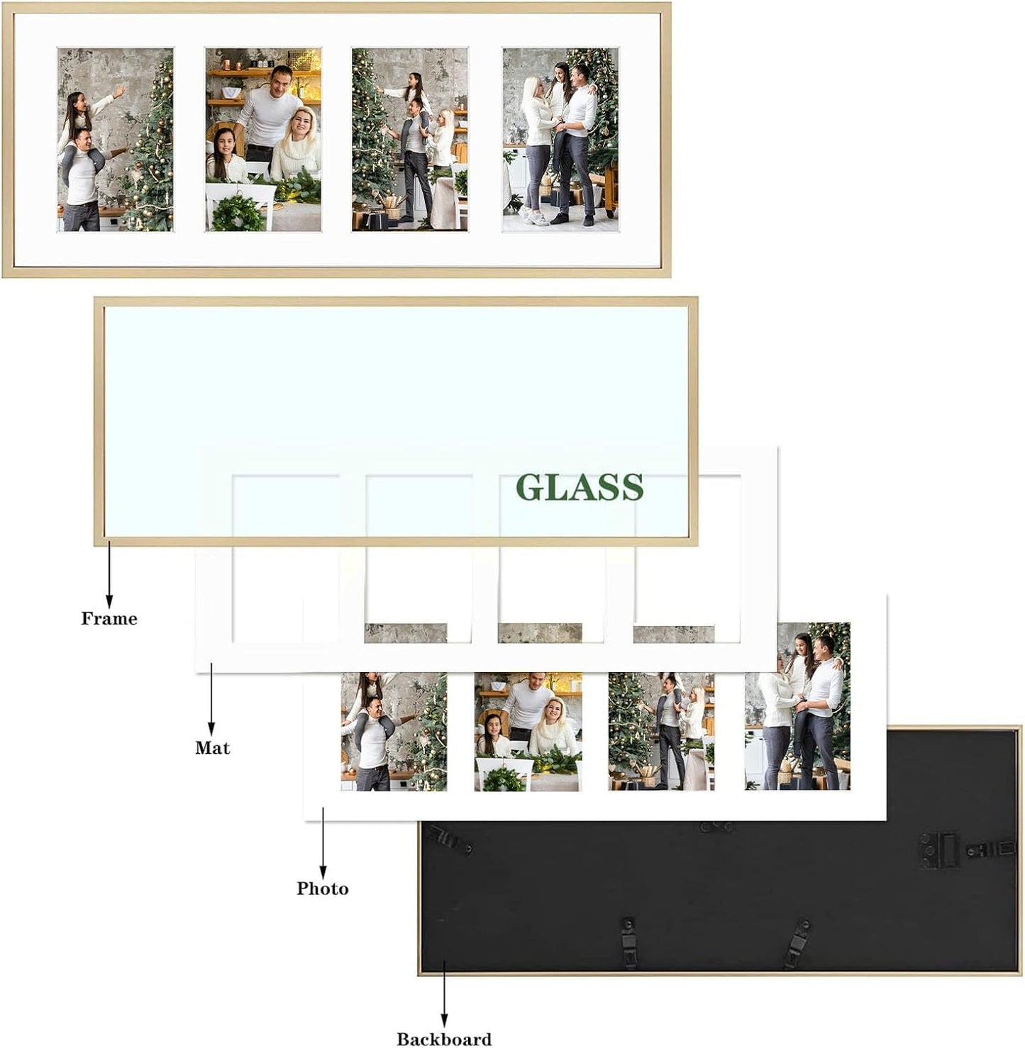 Frametory - 8x20 Aluminum Collage Picture Frame - Display 4x6 Pictures with 4 Openings Mat - Real Glass Front - Horizontal/Vertical Wall Mount - Gold 1 Pack