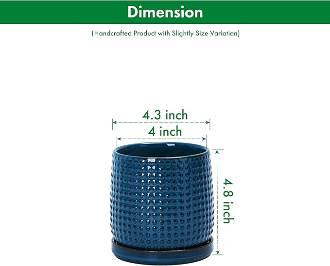 D'vine Dev Set of 2 Ceramic Plants Pots, 4 Inch Beaded Stoneware Flower Pot for Plants with Drainage Hole and Saucer, Midnight Blue, 27-E-Z-3