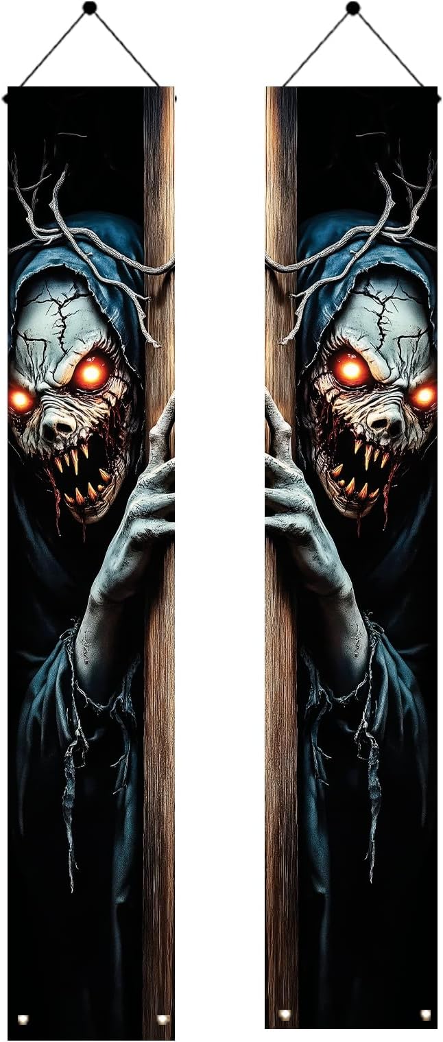 2PCS Halloween Porch Banner Scary Skeleton Demon Vertical Hanging Decorations for Front Door Outdoor Horror Welcome Door Sign Spooky Party Decor Haunted House Entrance Backdrop 71 x 12 Inch
