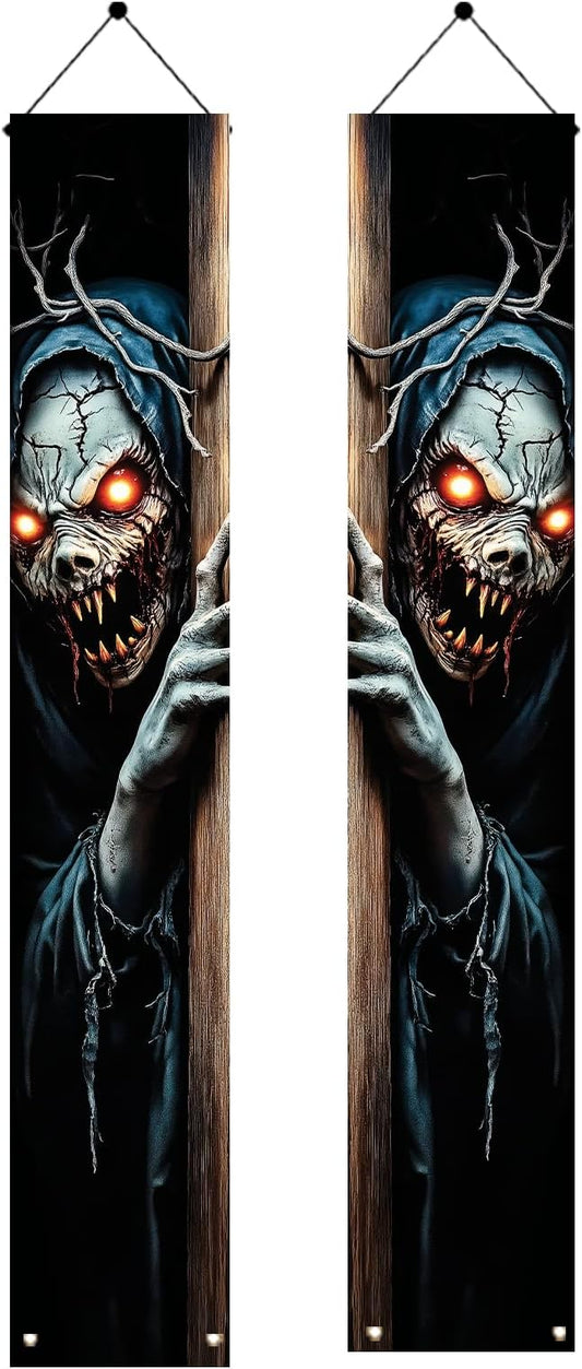 2PCS Halloween Porch Banner Scary Skeleton Demon Vertical Hanging Decorations for Front Door Outdoor Horror Welcome Door Sign Spooky Party Decor Haunted House Entrance Backdrop 71 x 12 Inch