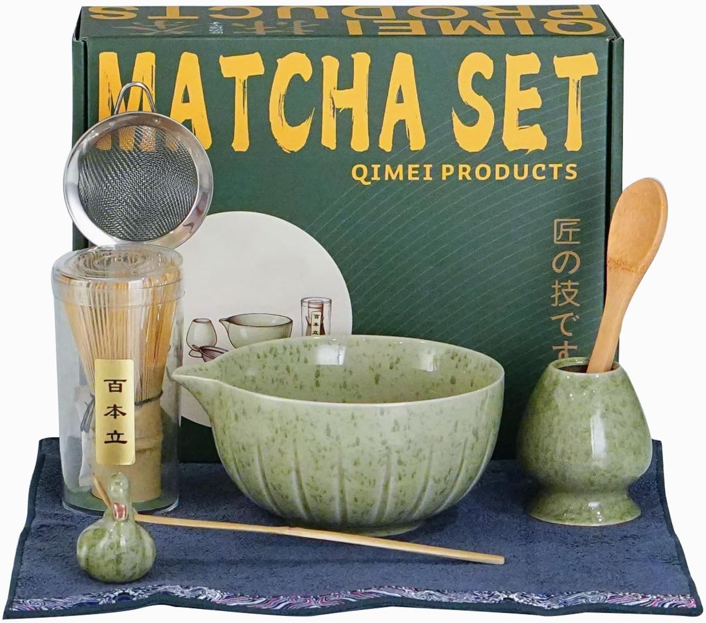 Japanese Matcha Ceremony Accessory,temmoku glaze Matcha Whisk, Traditional Scoop (Chashaku), Tea Spoon, Whisk Holder, 1 tea bowl, 1 tea siev, The Perfect Set to Prepare a Traditional Cup of Matcha.
