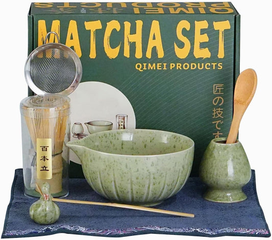 Japanese Matcha Ceremony Accessory,temmoku glaze Matcha Whisk, Traditional Scoop (Chashaku), Tea Spoon, Whisk Holder, 1 tea bowl, 1 tea siev, The Perfect Set to Prepare a Traditional Cup of Matcha.
