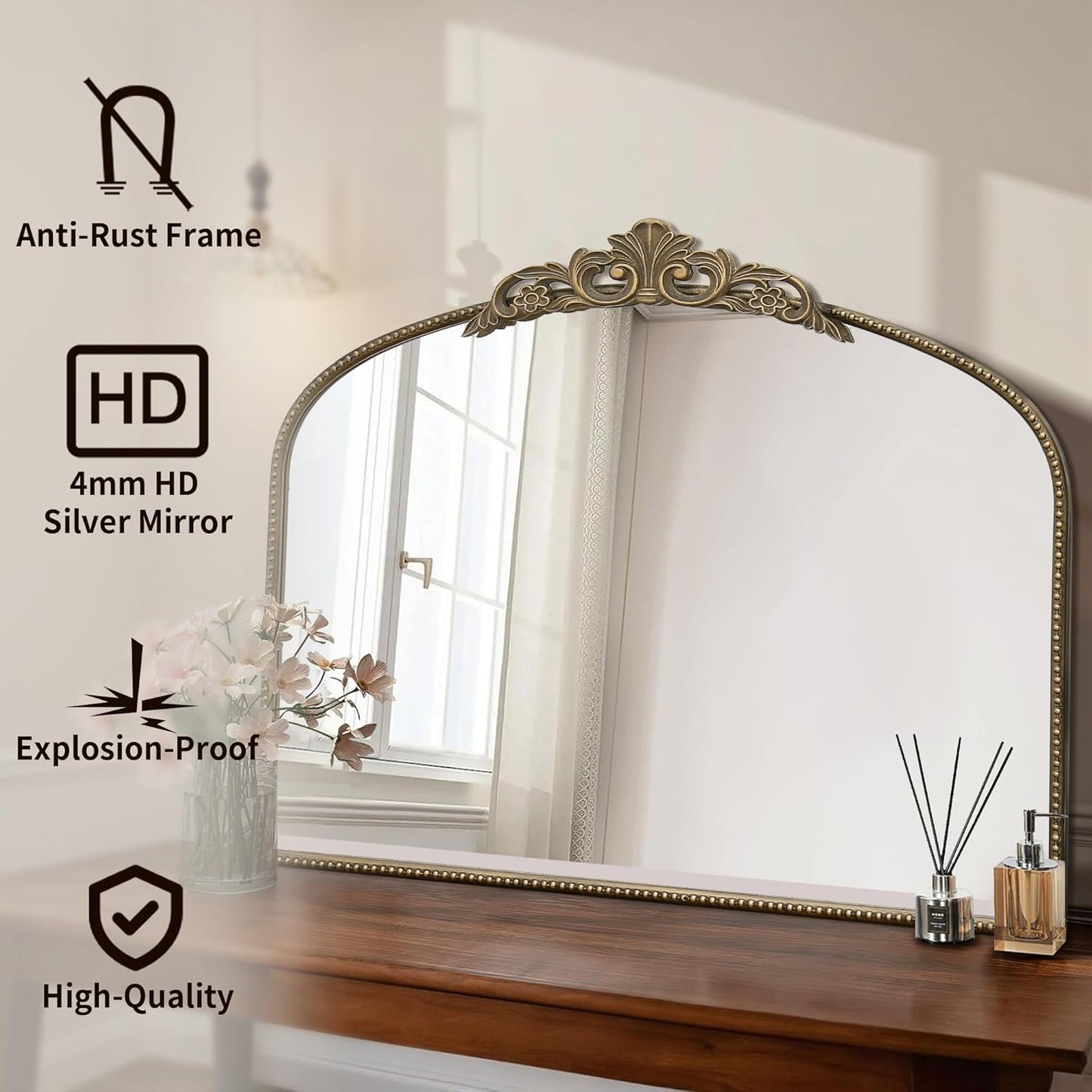 Micasso Large Antique Gold Mirror: 29"x 36" French Baroque Arched Mirror - Traditional Ornate Vintage Mirrors for Wall/Mantel/Entryway/Bathroom/Hallway - Home Decor for Living Room