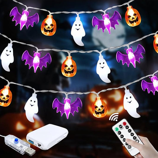 ZGWJ Halloween String Lights Battery Operated, 16 FT 30 LED 3D Pumpkin Bat Ghost Fairy Lights with Timer, 8 Lighting Modes String Light for Window Indoor Outdoor Decor Halloween Party Decorations