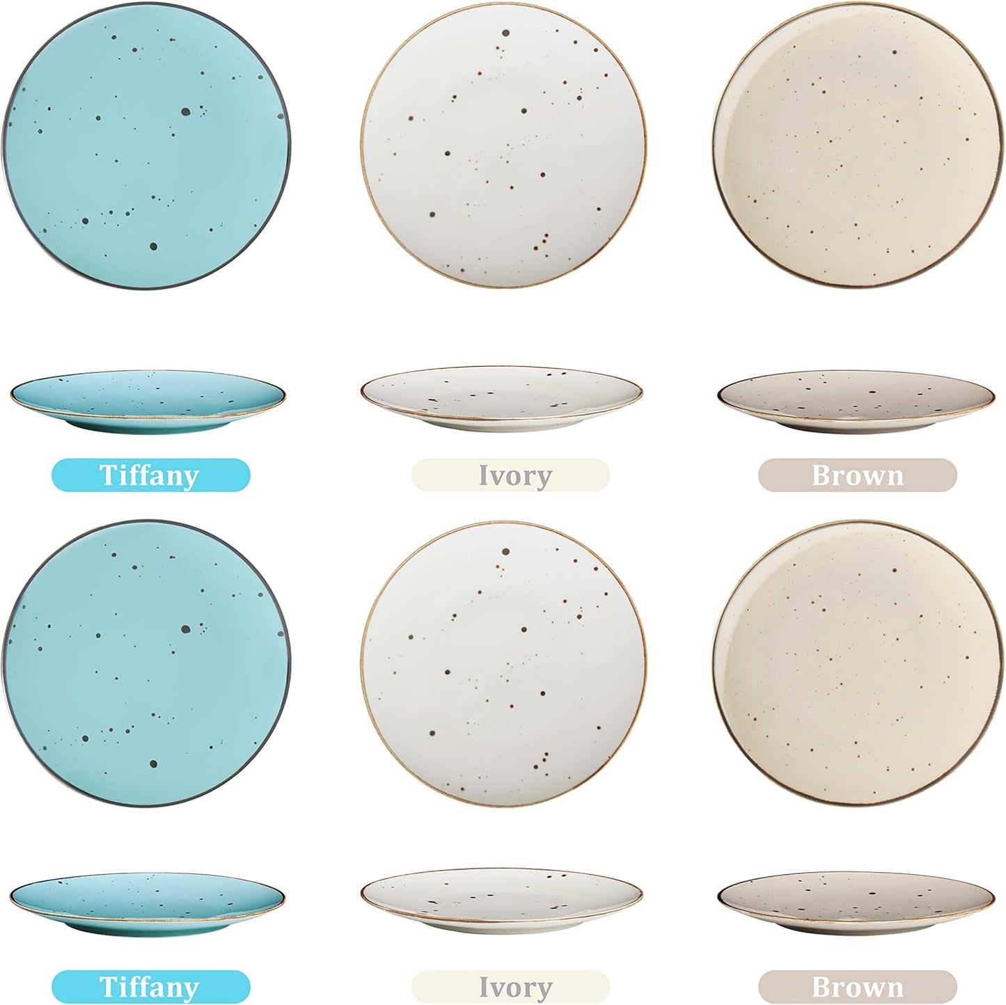 Dessert Plates 8.7 Inch Set of 6 - Microwave, Oven, Dishwasher Safe, Scratch Resistant, Porcelain. Durable Small Dishes for Salad, Dessert, and Side Dishes - Natural Assorted Colors