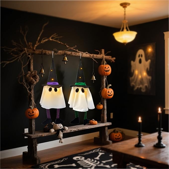 3 Pack Halloween Hanging Ghost Lights with Glitter Hats, Battery Powered Halloween Decorations Outdoor Indoor, LED Floating Ghost Decor for Porch, Tree, Yard & Window, Indoor Outdoor Decoration