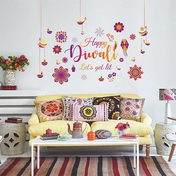 HLNIUC Happy Diwali Wall Stickers Peel and Stick(35”x12”) Let’s Get It Diwali Window Clings Double Sided,Multicolor Indian Festival of Light Wall Decal,Diyas Party Decoration Supplies for Living Room