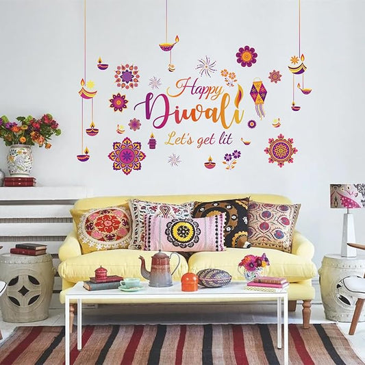 HLNIUC Happy Diwali Wall Stickers Peel and Stick(35”x12”) Let’s Get It Diwali Window Clings Double Sided,Multicolor Indian Festival of Light Wall Decal,Diyas Party Decoration Supplies for Living Room