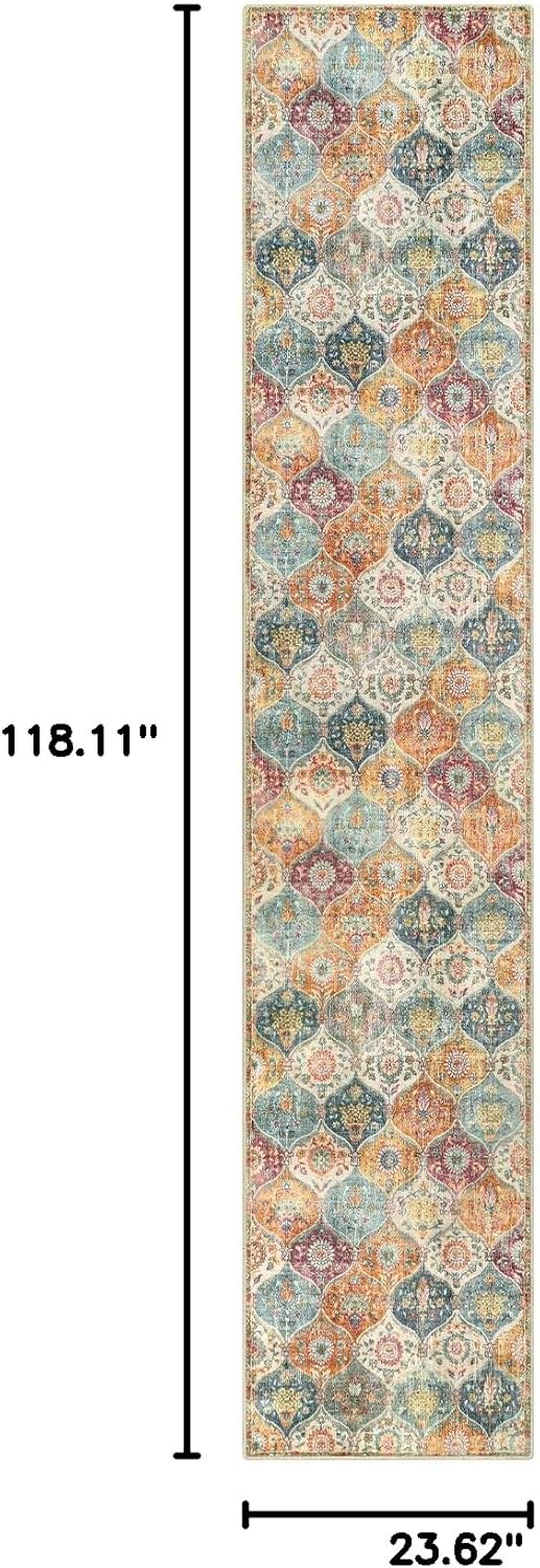 Lahome Moroccan Washable Runner Rug 2x10, Kitchen Runners for Hallways Rubber Backing Ultra-Thin Vintage Hallway Rug Non-Slip Stair Carpet for Entryway Bedroom Laundry Room, Cream/Multi