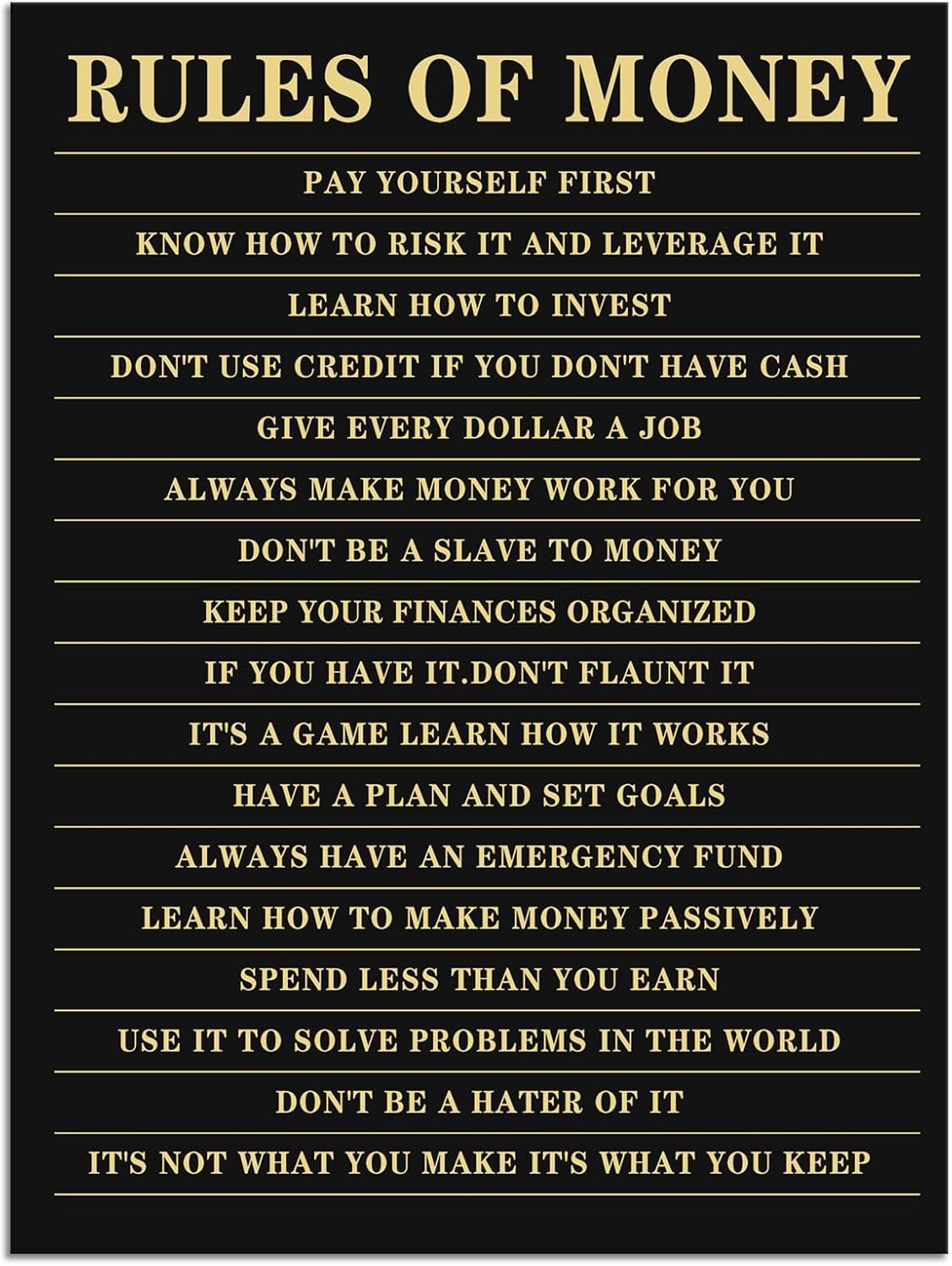 Inspirational Canvas Wall Art Rules of Money Motivational Posters and Prints Home Office Wall Decor Painting Artwork for School Bedroom Pictures Stretched and Framed Ready to Hang[18''W X 24''H]