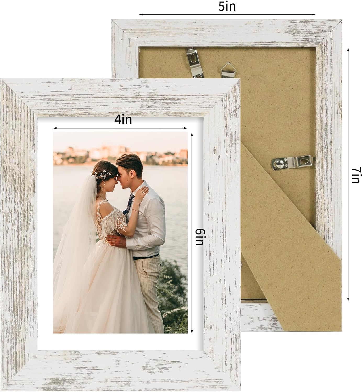 iRahmen 5x7 Picture Frame Set of 2 with HD Glass, Distressed White Wood Photo Frames Display 4x6 Picture with Mat or 5 x 7 Without Mat for Horizontal or Vertical Tabletop and Wall Mounting