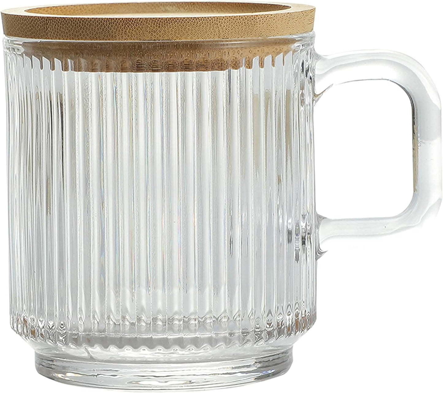 Lysenn Clear Glass Coffee Mug with Lid - Premium Classical Vertical Stripes Glass Tea Cup - for |Latte|Tea|Chocolate|Juice|Water| - Unleaded - Bamboo Lid - 12.5 Ounces