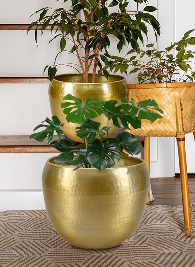 Serene Spaces Living Brass-Look Aluminum Cachepot: Handcrafted in India, Elegant Wedding & Home Decor, Vintage Planter for Indoor Plants, Flowers, Table Centerpieces, and Ornamental Display, KIT of 2
