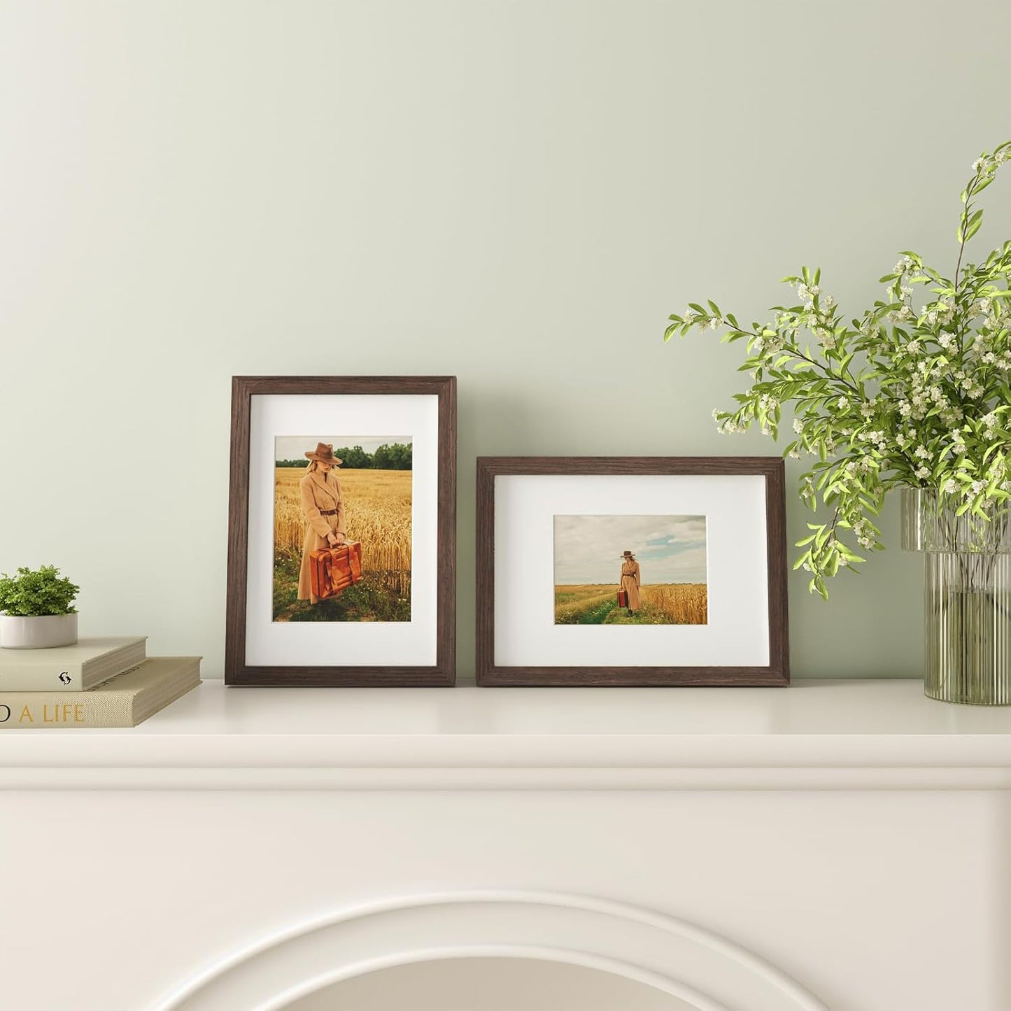 Egofine A4 Picture Frames Set of 4, Made of Solid Wood Covered by Plexiglass 4x6 and 6x8 with Mat or A4 without Mat, for Table Top Display and Wall Mounting Photo Frame Brown