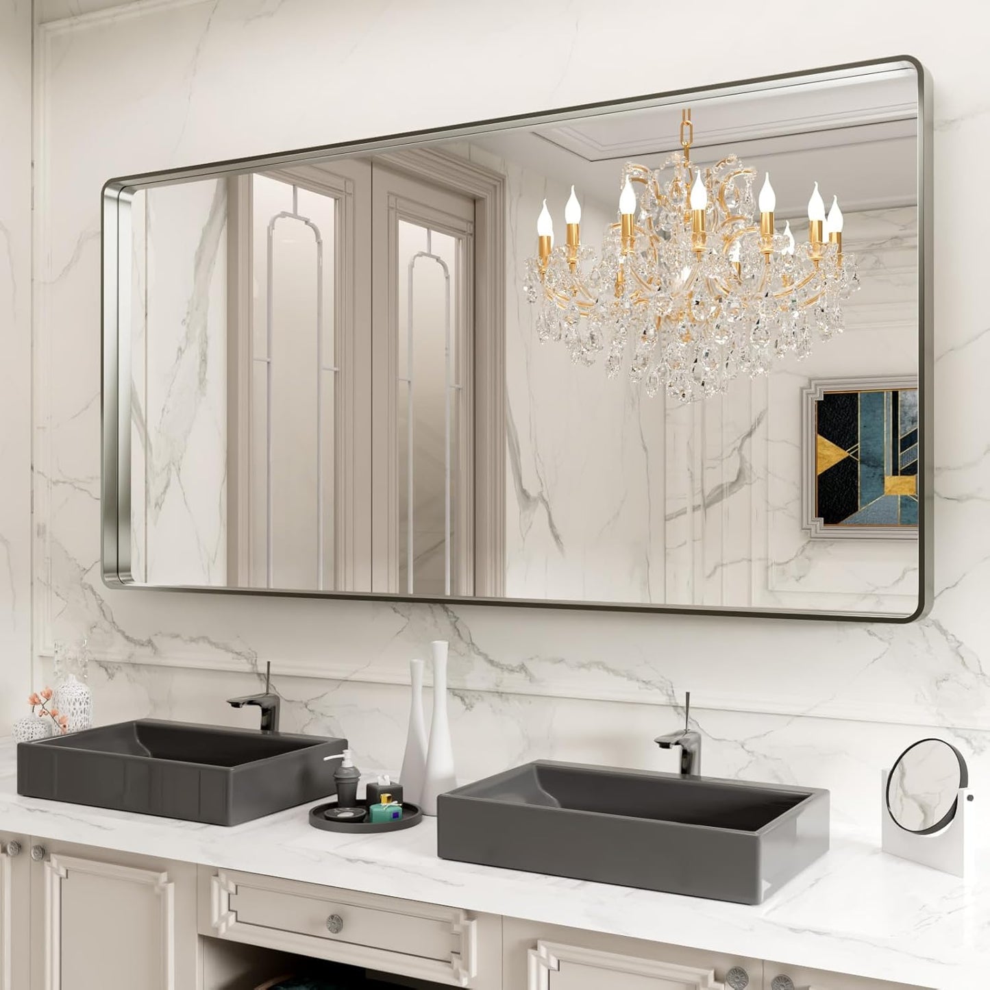 LOAAO 72X36 Inch Brushed Nickel Bathroom Mirror, Rounded Rectangle Silver Metal Frame Mirror, Brushed Nickel, Anti-Rust, Shatter Proof, Hangs Horizontally or Vertically