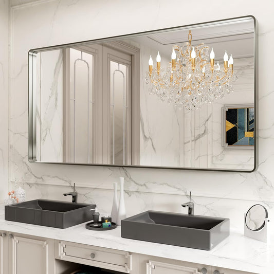 LOAAO 72X36 Inch Brushed Nickel Bathroom Mirror, Rounded Rectangle Silver Metal Frame Mirror, Brushed Nickel, Anti-Rust, Shatter Proof, Hangs Horizontally or Vertically