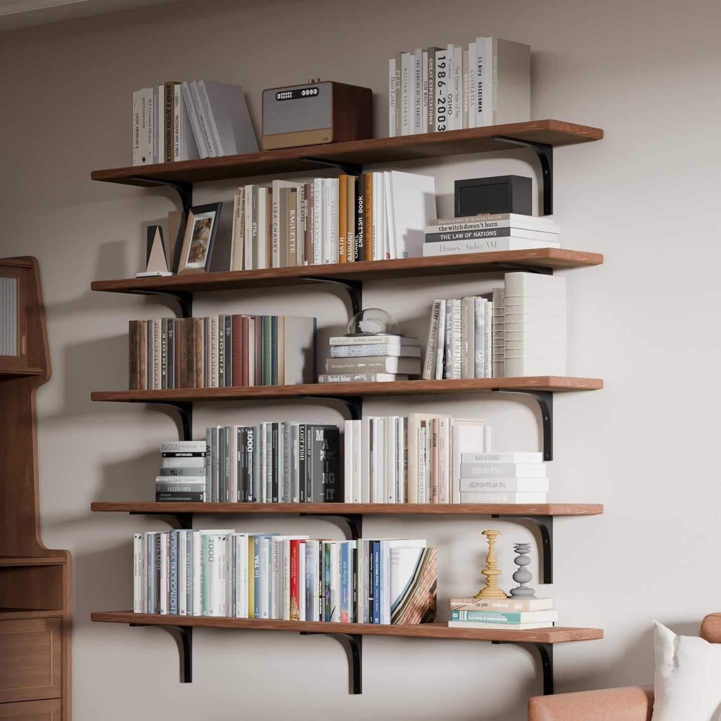 Long Floating Shelf for Wall 60 inch,Long Wall Shelves Set of 5,Rustic Solid Wood Bookshelf,Large Bookcase for Bedroom Bar (Brown, 60 Inch)