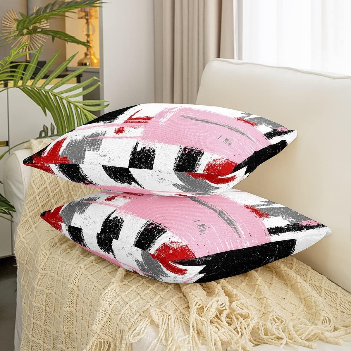 Feelyou Abstract Throw Pillow Covers for Couch Sofa Bed, Set of 2 Modern Abstract Art Decorative Pillows Cushion Covers, Black Red White Pink Pillow Inserts Not Included, 18x18 inch