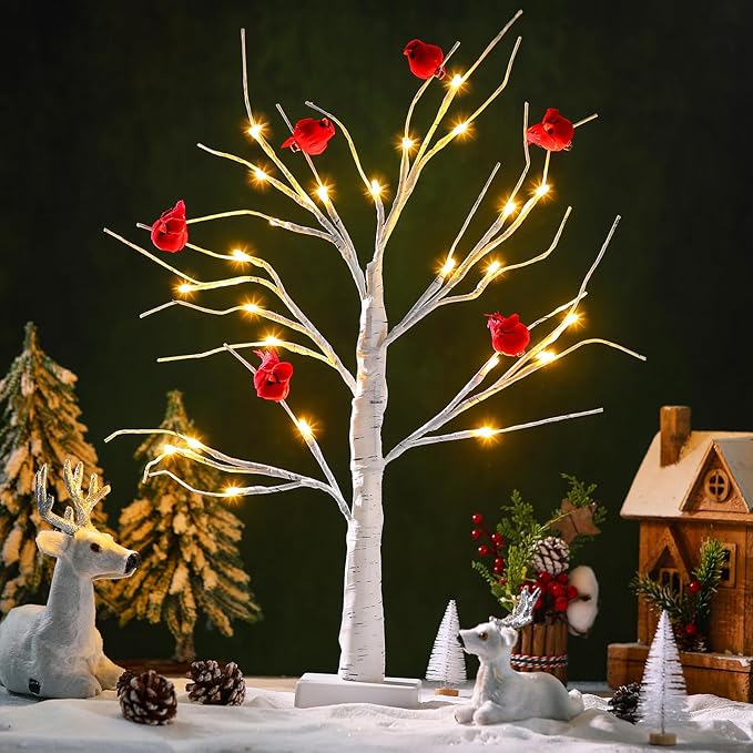 2 Pcs 2 ft Birch Tree with LED Lights for Christmas Decor Indoor with 12 Pcs Mini Cardinal Clips on Tree Ornament Lighted Birch Tree Battery Powered for Home Table Centerpiece Mantel Decor