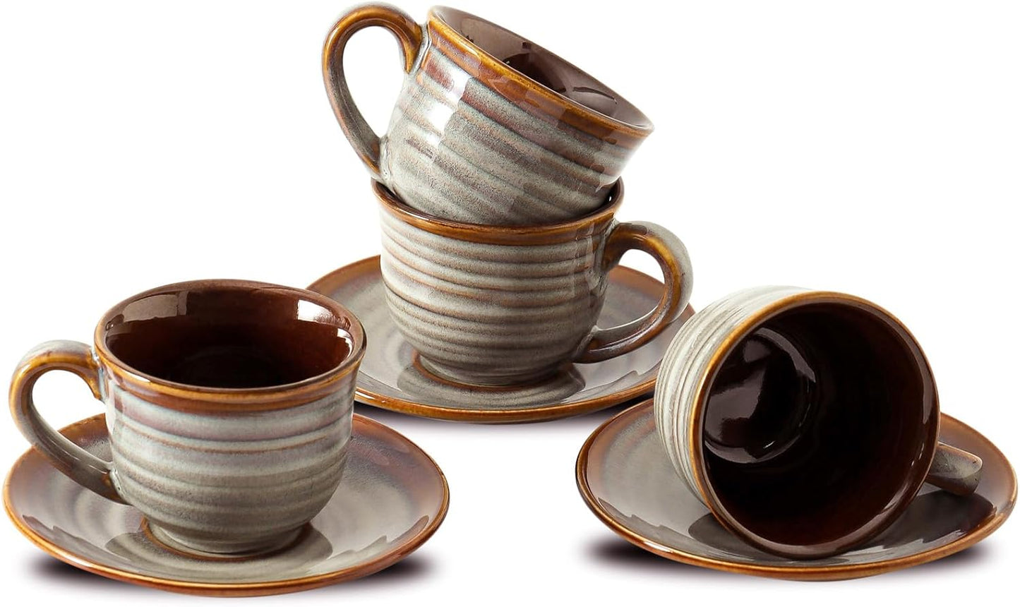Hasense Espresso Cups with Saucers, 4 oz Small Ceramic Espresso Coffee Mugs Set of 4, Cute Cappuccino Cup Set, Demitasse Cups Perfect for Espresso Shots, Cappuccino, Tea-Grey Brown