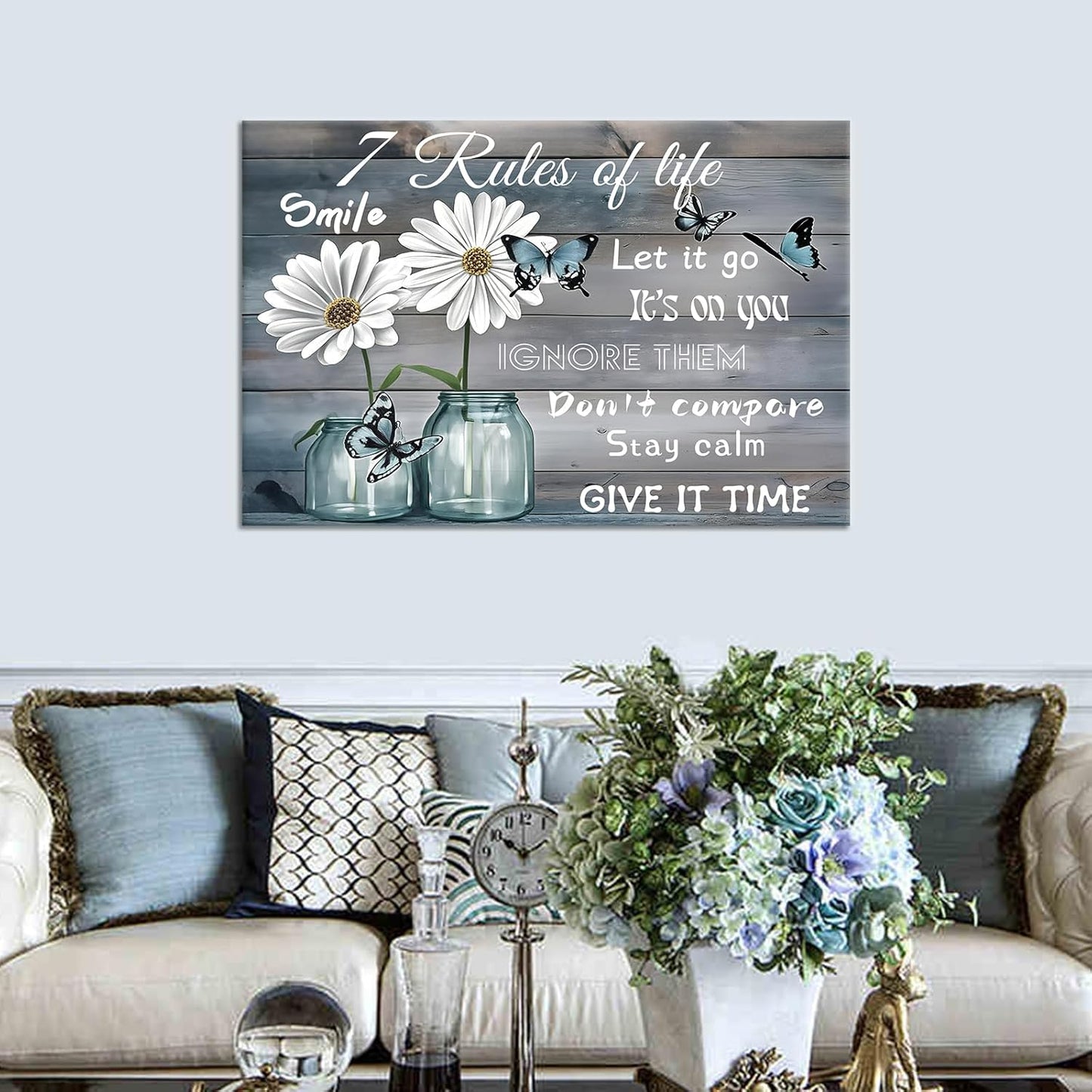 Inspirational Wall Art Rustic Daisy Butterfly Canvas Vintage Floral Wall Decor Poster Print Flowers Picture Painting Wall Decor Artwork for Living Room Workplace Gym Stretched and Framed [36''Wx24''H]