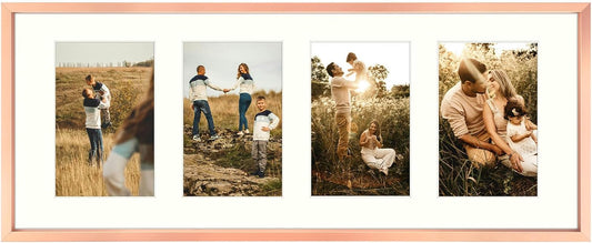 Frametory - 8x20 Aluminum Collage Picture Frame - Display 4x6 Pictures with 4 Openings Mat - Real Glass Front - Horizontal/Vertical Wall Mount - Rose Gold 1 Pack