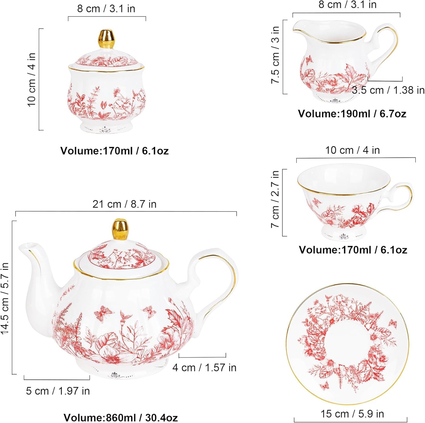 fanquare Vintage Porcelain Tea Set with Holder, 22 Piece Red Floral New Bone China Tea Coffee Gift Sets for Wedding Birthday, 6 Tea Cup and Saucers for Women Tea Party