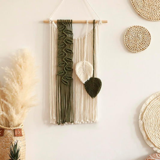 Macrame Leaves Tapestry Wall Decor- Bohemian Woven Tapestries Green Leaves Wall Art, Large Boho Tassels Hanging Ornament Western Room Decor for Bedroom Living Room Dorm