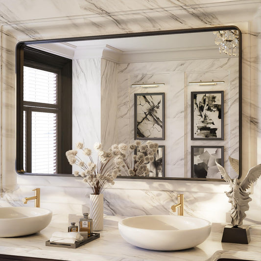 ISKM Black Bathroom Mirror for Wall 51" x 30" Matte Black Framed Vanity Mirror Anti-Rust, Tempered Glass, Rounded Rectangle Mirror(Horizontal/Vertical)