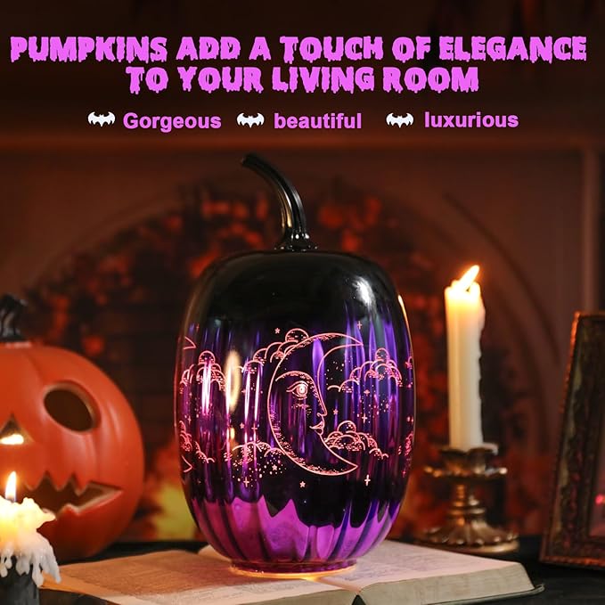 VCUTEKA Glass Pumpkin Lights, Lighted Pumpkins Halloween Decorations for Home, Pumpkin for Indoor Decor and Thanksgiving Centerpieces Tables Decor, Purple