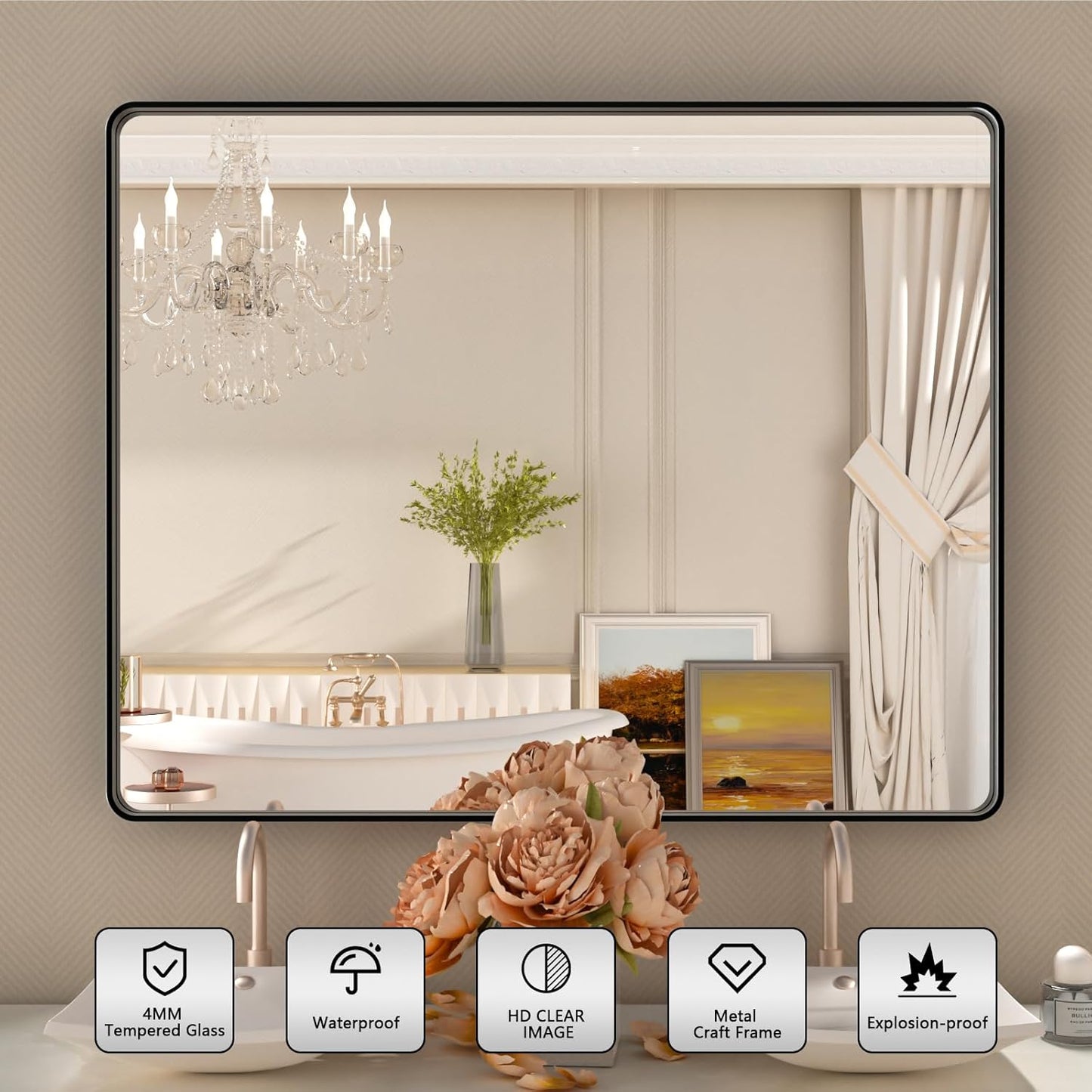 Black Metal Framed Bathroom Mirror for Wall,40X38 Rounded Rectangle Mirror, Matte Black Bathroom Vanity Mirror Farmhouse, Anti-Rust, Tempered Glass, Hangs Horizontally or Vertically