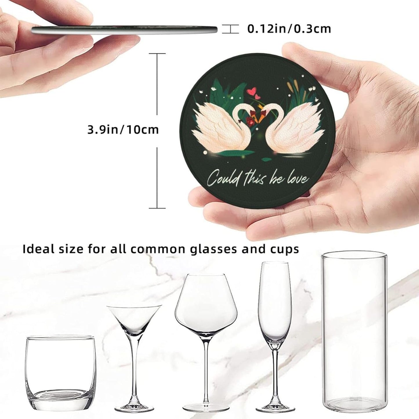 Drink Coasters with Holder Stand Set of 6, Swan Pu Leather Absorbent Coasters with Cork Base Table Round Coaster for Housewarming Apartment Kitchen Bar Decor