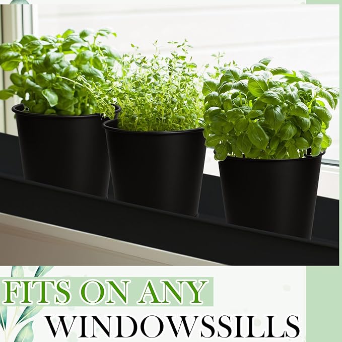 2 Sets Herb Garden Planter Indoor Kit with Trey 10 Pcs Metal Windowsill Plant Pots with Drainage Holes Indoor Herb Planter with Marker and Labels for Home Outdoor Plants (Black)