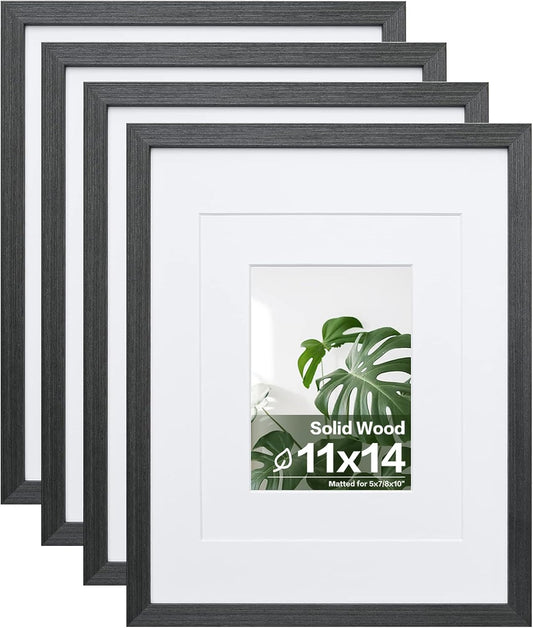 Egofine 11x14 Picture Frames Set of 4, Made of Solid Wood Covered by Plexiglass 5x7 and 8x10 with Mat or 11x14 without Mat, for Table Top Display and Wall Mounting Photo Frame Rustic Black