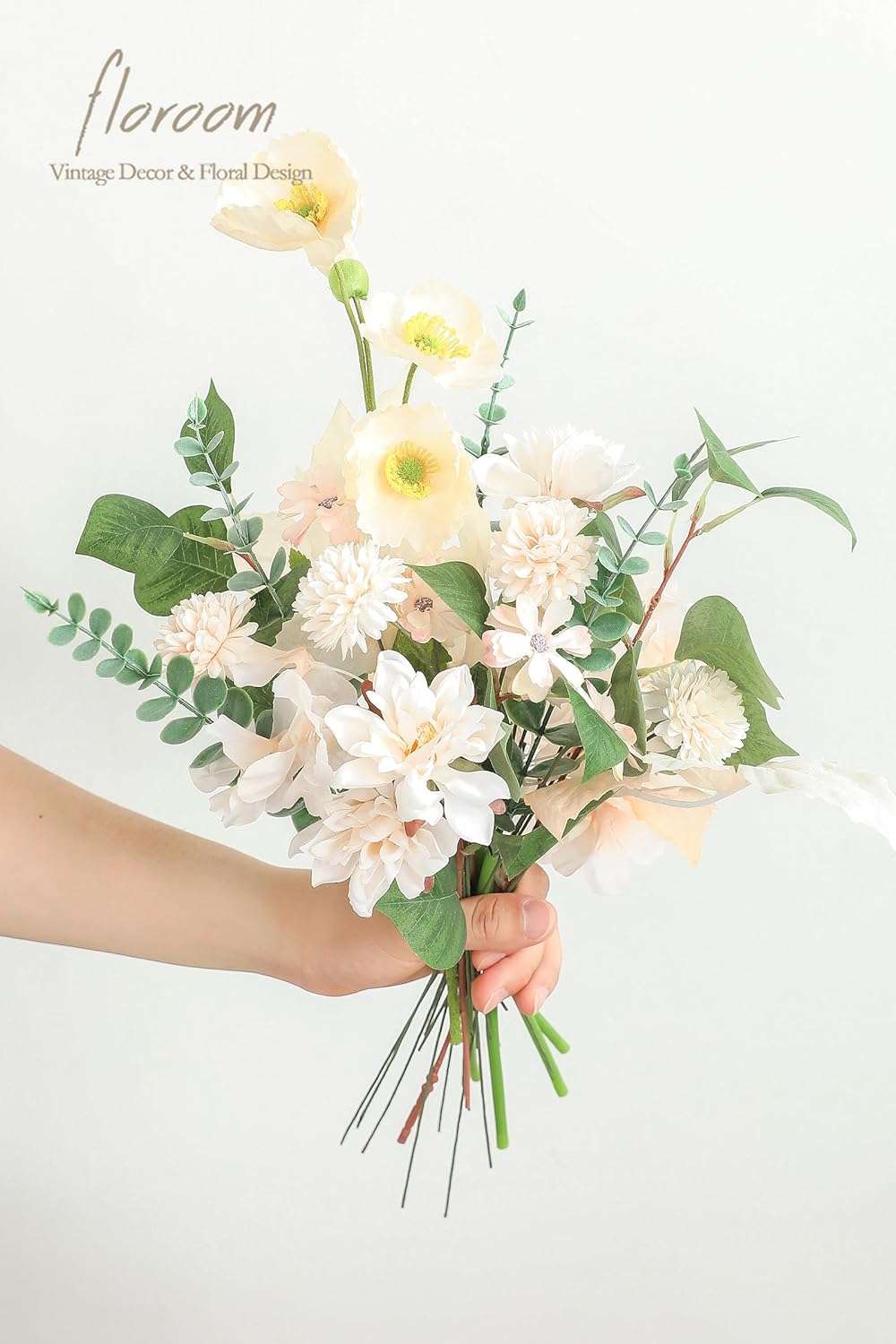 Floroom Artificial Greenery Stems Box Set, 22pcs with 8 Kinds of Faux Greenery Flowers Picks for DIY Bridal Bouquets Wedding Floral Arrangement Table Centerpieces, Green & Cream