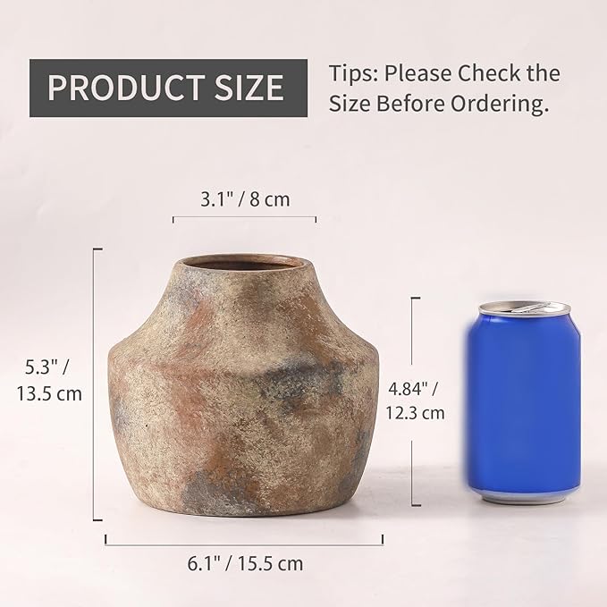 Mitt&Ditt Ceramic Flower Vase, 5.3 inch Pottery Farmhouse Rustic Vase, Handcrafted Weathered Vases, Small Flower Terracotta Vases for Home Decor, Living Room, Table, Shelf, Mantel, Neutral