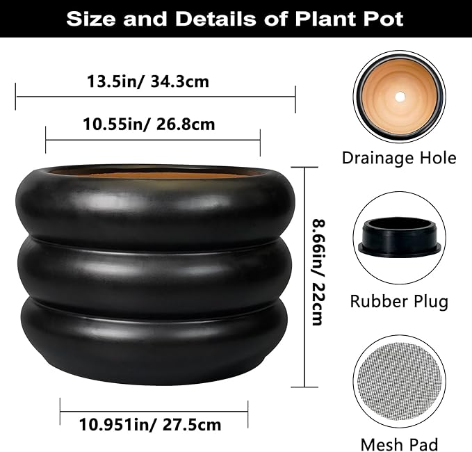 SQOWL Ceramic Flower Pot 13.5 Inch - Large Planter for Indoor Plants Outdoor Plant Pot with Drainage Hole Round Planter Mid-Century Flower Pot for Porch Living Room Decor Black
