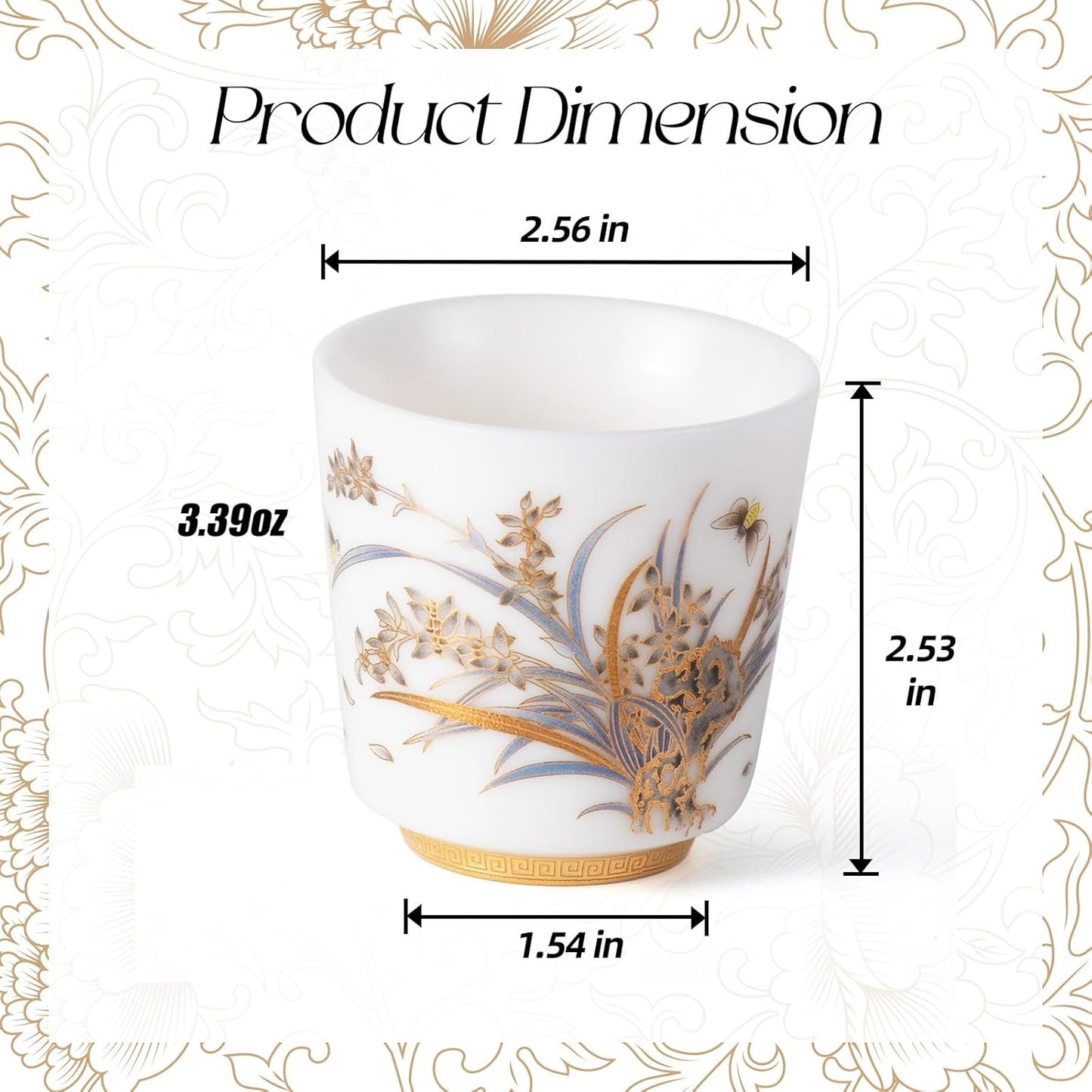 KAMMAK Ceramic Tea Cups Small, Cute Vintage Coffee Cup Set of 2, Porcelain Teacups Espresso Mug, 3.4oz Hand Painted Chinese Afternoon Tea Party Mugs, Birthday Gift for Women Men, Dagao Mouth