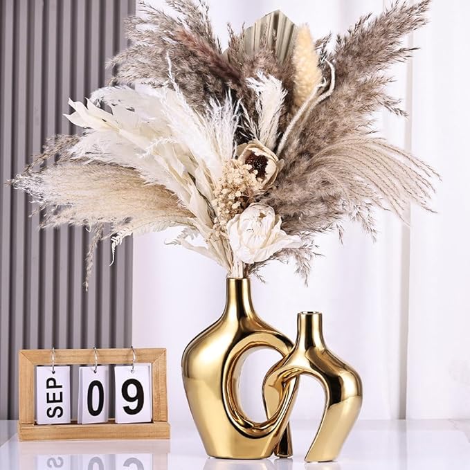 Gold Hollow Ceramic Vases Set of 2 - Modern Nordic Boho ins Style Decor Vases, Pampas Grass Flower Vases for Wedding, Living Room, Office, Entrance, Dining Table Decor Centerpieces