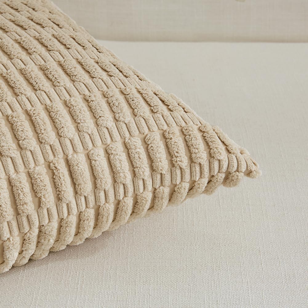 Fancy Homi 4 Packs Beige Decorative Throw Pillow Covers 20x20 Inch for Living Room Couch Bed Sofa, Tan Rustic Farmhouse Boho Home Decor, Soft Plush Striped Corduroy Square Cushion Case 50x50 cm