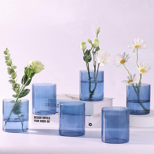 Glass Ribbed Cylinder Vase Set of 6, Bud Vase for Wedding Centerpieces, Clear Ribbed Glass Flower Vase, Hurricane Floating Candle Holder 4 Inch, Decorative Vases for Home Decor(Blue)