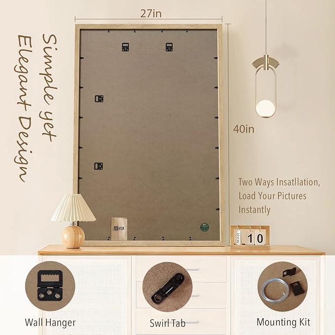 VCK 27x40 Oak Wood Frame for Poster & Picture, Natural Solid Wood Photo Frames Set of 3, Wall Gallery Frame