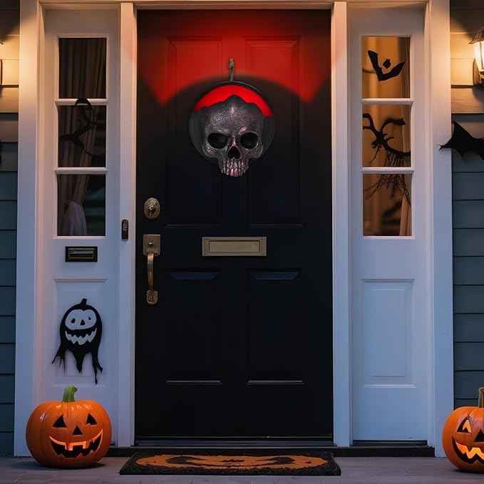 WONDER GARDEN 7.68 inch Halloween Skull Hanging Wall Decorations Light up Resin Red Gothic Skeleton Halloween Creepy Sculptures Sign for Indoor Outdoor Office Horror Home Wall Door Decor