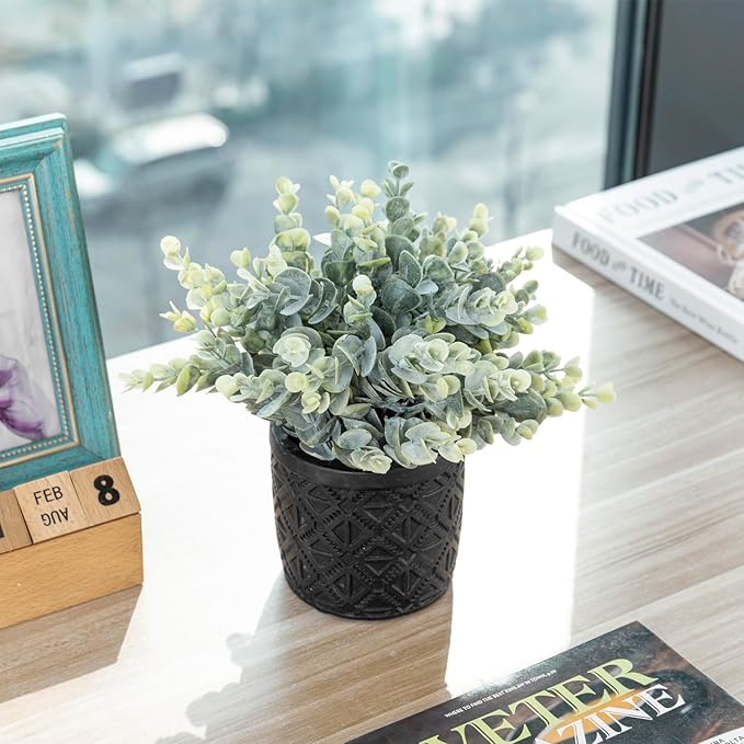 MyGift Artificial Eucalyptus Plant in Modern Gray Concrete Pots with Geometric Embossed Pattern (1, Black)