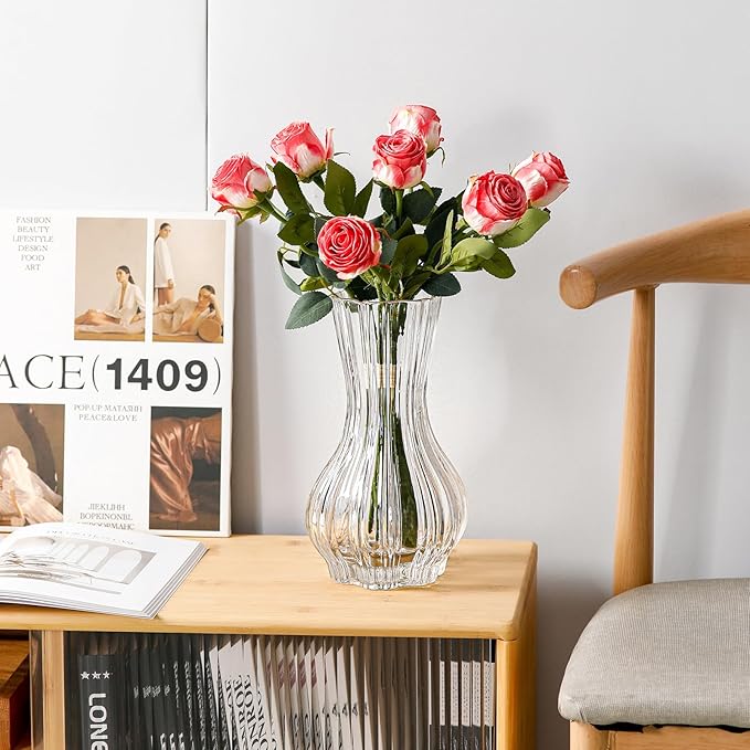 10" Decorative Modern Flower Vase for Floral Arrangements, Large Elegant Clear Glass Vase for Bouquet(Transparent) (Clear, 01)