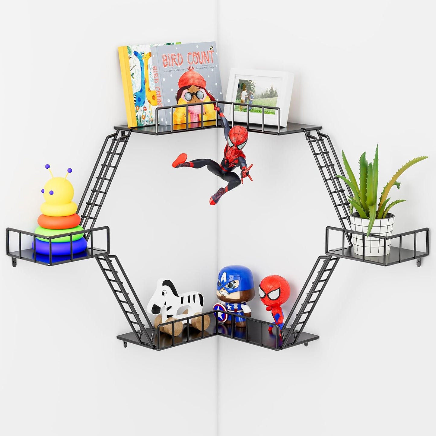 Fire Escape Wall Shelf - New York Fire Escape Shelf, Knick Knack Shelf for Figures, 3-Tier Corner Floating Shelves, Metal Decorative Display Shelves, Black Wall Shelves for Bedroom&Home Decor