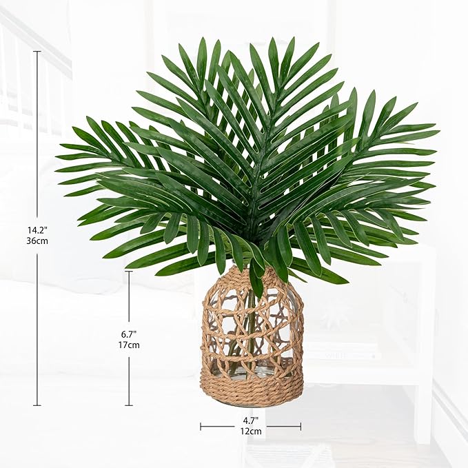 Fake Plants 14.2" Faux Palm Plant in Glass Vase, Realistic Tropical Fake Palm House Plants Artificial Palm Leaves Greenery Stems for Home Bathroom Office Farmhouse Balcony Shelf Centerpiece Décor