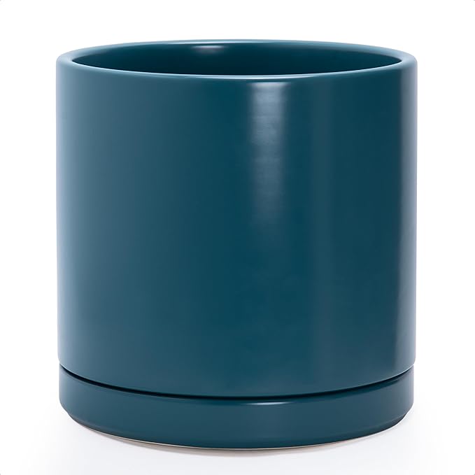 D'vine Dev 12 Inch Ceramic Planter Pot with Drainage Hole and Saucer, Indoor Cylinder Round Planter Pot, Teal, 94-O-F-9