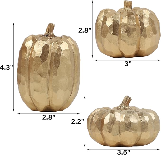 winemana 3 Pack Fall Decor for Home-Gold Pumpkins Thanksgiving Decorations, Table, Fireplace Mantel, Office, Elegant Decorative Pumpkin Autumn Indoor Decor